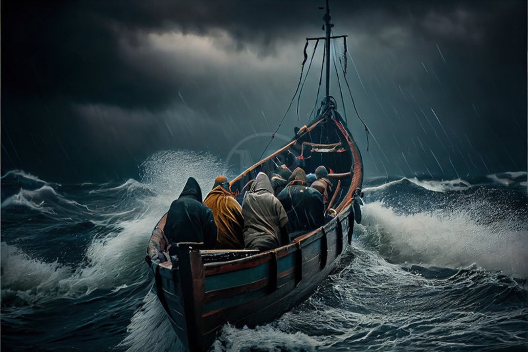 Disciples Fishing Biblical Wooden Boat During a Storm, Printable Wall