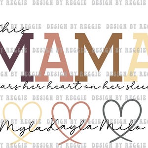 Esta mãe usa seu coração na manga Pacote PNG Nomes de crianças personalizados Dia das Mães Design de sublimação DTF