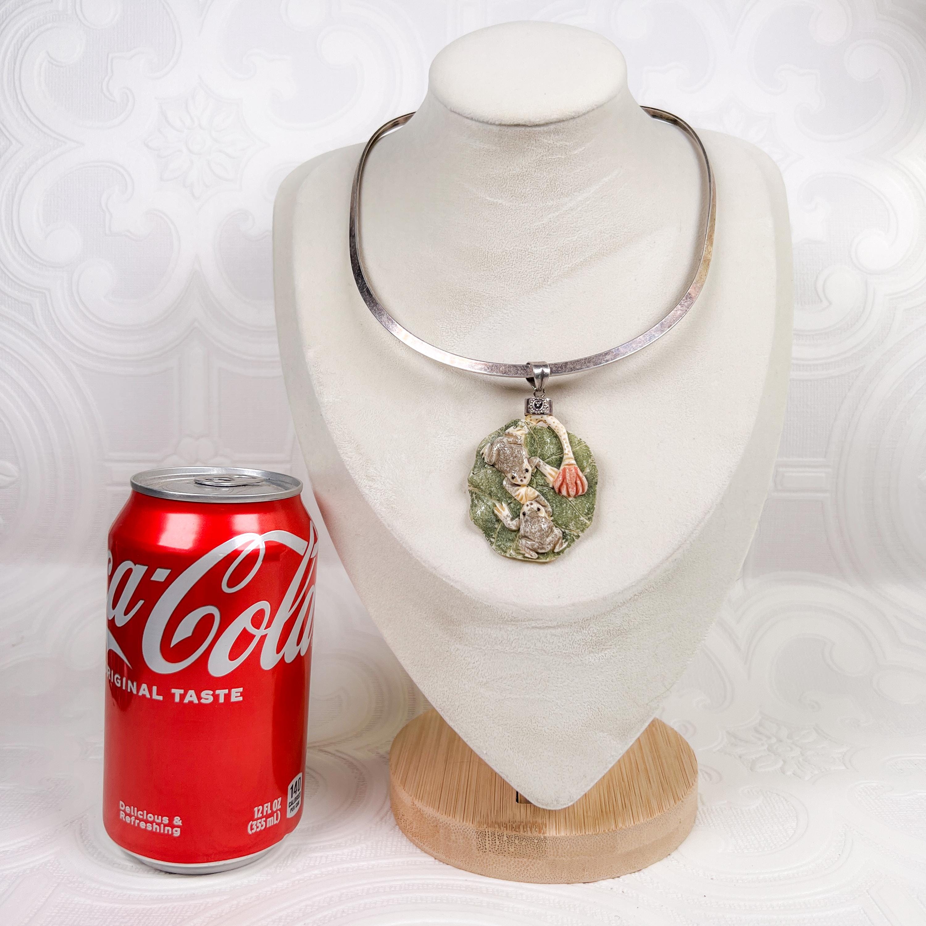 Vintage Frogs on a Lily Pad Pendant Sterling Bale on Thick Heavy Silver  Plate Torque Necklace Huge OOAK Special Gift Mothers Day