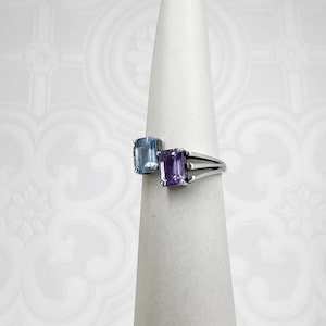 Pierścionek ze srebra próby 925 z ametystem i niebieskim topazem Baguette Rectangle Side-By-Side Stacked Art Deco Purple Aqua Blue S7 - Luty Listopad Birthstone