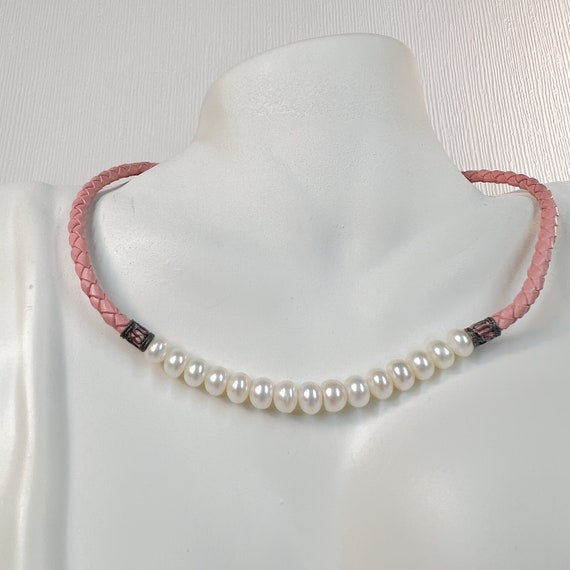 Vintage Pink Braided Leather, Reshwater Pearl & S… - image 1