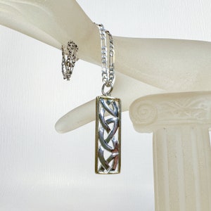 Vintage Sterling Silver Necklace Rectangular Celtic Pattern Pendant - Long Figaro Style Chain - Minimalist - Gift for Her Wife Girlfriend