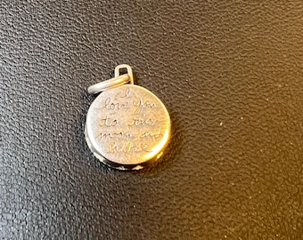 Vintage &quot;I Love You To The Moon And Back&quot; Bottle Cap Style Pendant - Solid Sterling Silver .925 - Cursive Script Writing - Tiny Charm - Gift