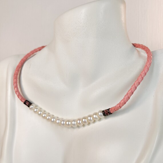 Vintage Pink Braided Leather, Reshwater Pearl & S… - image 7