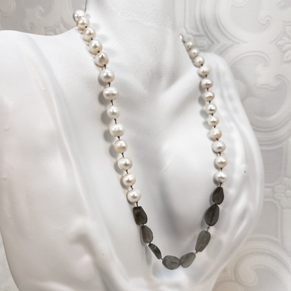 Véritable baroque Chunky Pearl, Smokey Quartz Sterling Beaded Necklace - vintage - Perles de quartz gris gris à facettes - Romantique féminin - Unique