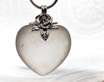 Winter Rose Heart Pendant: A Stunning Puffy Frosted Glass Charm with Sterling Silver Accents - 1.5 Inch Heart - Sterling Silver 925 Chain