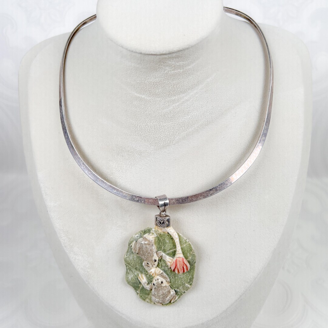 Vintage Frogs on a Lily Pad Pendant Sterling Bale on Thick Heavy Silver  Plate Torque Necklace Huge OOAK Special Gift Mothers Day
