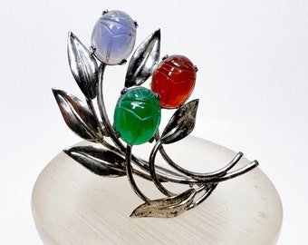 Vintage Gemstone Scarabs Sterling Silver Brooch - Beautiful Flowers and Semi Precious Stones Art Nouveau - Curvy Lines Feminine - 3 Beetles