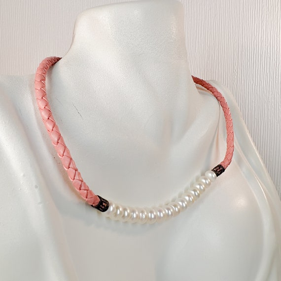 Vintage Pink Braided Leather, Reshwater Pearl & S… - image 3