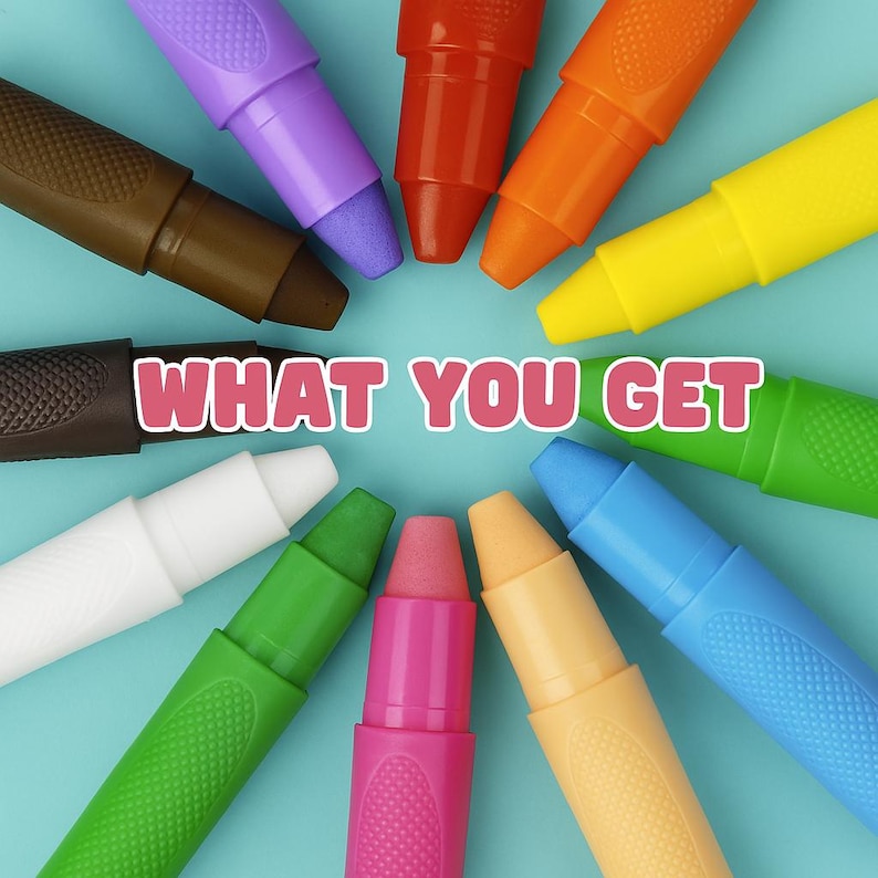 Twelve colorful twist-up face and body paint crayons arranged in a circle on a soft turquoise background with ‘What You Get’ text in center