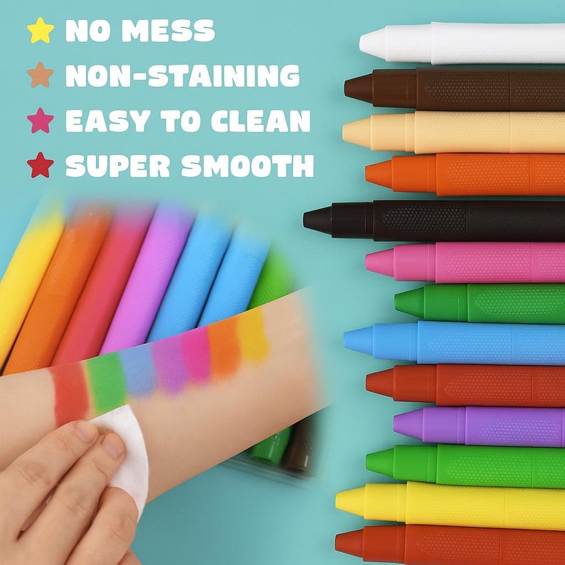 Face paint crayons applied to arm showing color swatches, with hand wiping one off. Features listed: No Mess, Non-Staining, Easy to Clean, Super Smooth on turquoise background