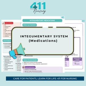 Puede incluir: Un diagrama del sistema tegumentario con un megáfono que destaca la palabra "Medicamentos". El diagrama muestra los diferentes tipos de medicamentos que se utilizan para tratar las afecciones de la piel, incluidos los antibióticos tópicos, los retinoides tópicos, los glucocorticoides orales y los glucocorticoides tópicos. El diagrama también incluye una lista de efectos adversos y contraindicaciones para cada tipo de medicamento.