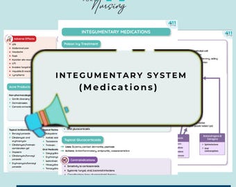 May include: A diagram of the integumentary system with a megaphone highlighting the word "Medications". The diagram shows the different types of medications used to treat skin conditions, including topical antibiotics, topical retinoids, oral glucocorticoids, and topical glucocorticoids. The diagram also includes a list of adverse effects and contraindications for each type of medication.