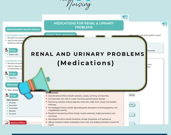 May include: Educational infographic titled "Renal and Urinary Problems (Medications)" with a teal and white color scheme. The image includes a megaphone graphic and lists drug names and adverse effects. The text "411 for Nursing" is at the top and bottom.