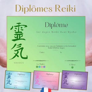 Lose mit 4 Reiki-Farbdiplomen auf Französisch, 4 Stufen. Reiki-Meister, Reiki-Ausbildung, zum Ausdrucken herunterladbar. Kostenlose Anpassung.