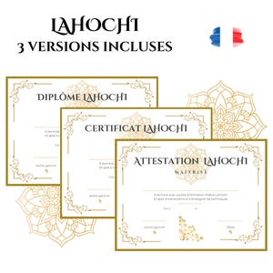 Blank Lahochi Diploma, Certificate, Attestation to fill in. French, colors, for teaching and training. PDF to print.