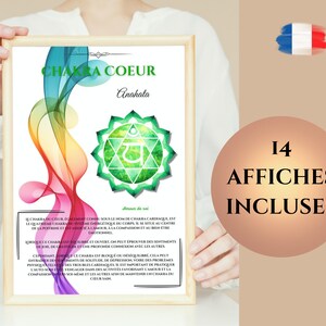 May include: A green and white poster with a green chakra symbol and the text "CHAKRA COEUR Anahata" in black. The poster is surrounded by a rainbow of colours. The text "14 AFFICHES INCLUSES" is in the lower right corner of the image.