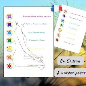 Poster om vrouwensilhouet af te drukken met 7 chakrakleuren en positieve affirmaties. Chakra kunst aan de muur. Als cadeau: 8 7 chakra boekenleggers.