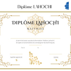 Diploma, Certificate, Blank Lahochi certificate to fill out. French, colors, for teaching and training. PDF to print.