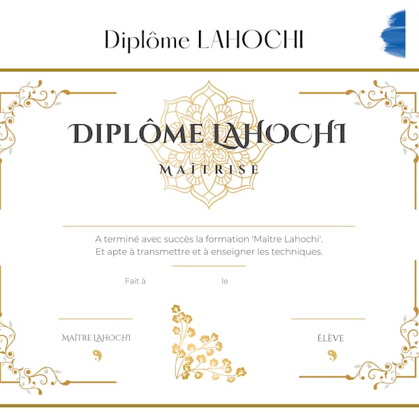 Diplôme,Certificat,Attestation Lahochi vierge à remplir. Français,couleurs, pour enseignement et formation. PDF à imprimer.