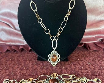 Brighton Set Retired GENEVA STONE, Gold, Silver Chain Pendant Necklace (16-18"), Matching 3 Strand Bracelet (7.5"), & Pendant Earrings (1")