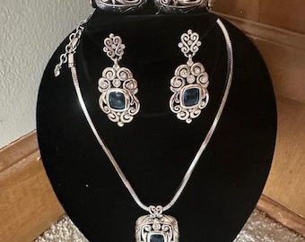 Brighton Set Blu Azure Blue Silver Tone Square Swirl Necklace (16-18"), Matching Bracelet (7.5"), and Drop Earrings (2")