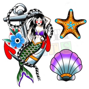 Multi Pack Mermaid, Shell and Starfish Temporary Tattoo