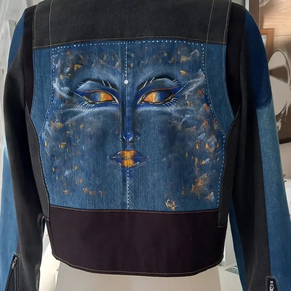 veste jean, veste femme, création unique, perfecto, pièce unique, fait main, créateur, eyes, bouddha, peinture sur tissus, art sur vêtement