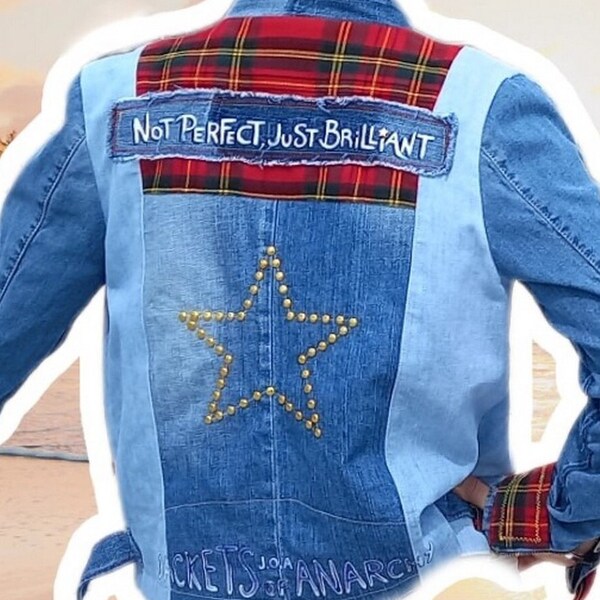 veste jean/tartan écossais upcycling création unique star étoile rock punk