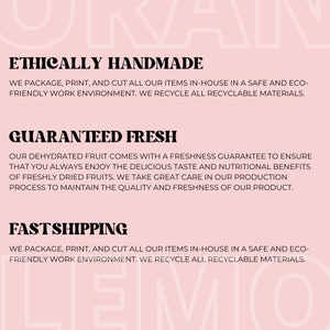 May include: A pink background with the words "ETHICALLY HANDMADE", "GUARANTEED FRESH", and "FASTSHIPPING" in bold black text. The text describes the company's commitment to eco-friendly practices, freshness guarantees, and fast shipping.