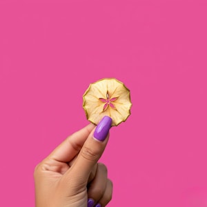 Op de afbeelding: Een gedroogde appelschijf met een stervormige kern wordt tegen een felroze achtergrond gehouden. De appelschijf is lichtbruin met een groene rand. De hand die de appel vasthoudt, heeft paarse nagellak.