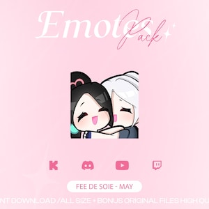Peut inclure: Deux personnages de dessin animé, l'un avec des cheveux noirs et l'autre avec des cheveux blancs, se font un câlin. Les personnages ont de grands yeux et sourient. L'image est sur un fond rose avec le texte "Emotes Pack" en haut. Le texte "FEE DE SOIE - MAY" est en bas de l'image.