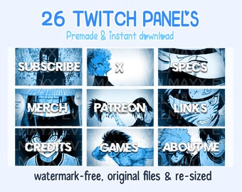 Manga Anime Twitch/Kick Panels Blue, blue lock, naruto, hajime no ippo Theme | 26 x Panels