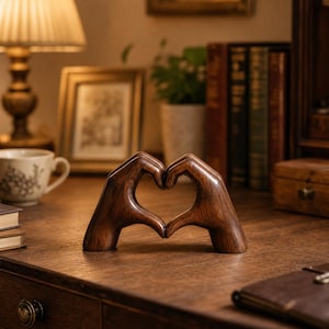 Könnte beinhalten: Eine dunkelbraune Holzskulptur, die zwei Hände darstellt, die zusammen eine Herzform bilden. Die Skulptur hat eine glatte, polierte Oberfläche mit sichtbarer Holzmaserung und steht aufrecht als dekoratives Objekt auf einer flachen Oberfläche.