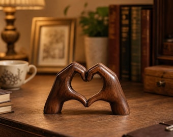 Wood Heart Sculpture, Hand Heart Decor, Wooden Love Statue, Rustic Desk Ornament, Couple Gift, Shelf Decor, Bedroom Accent