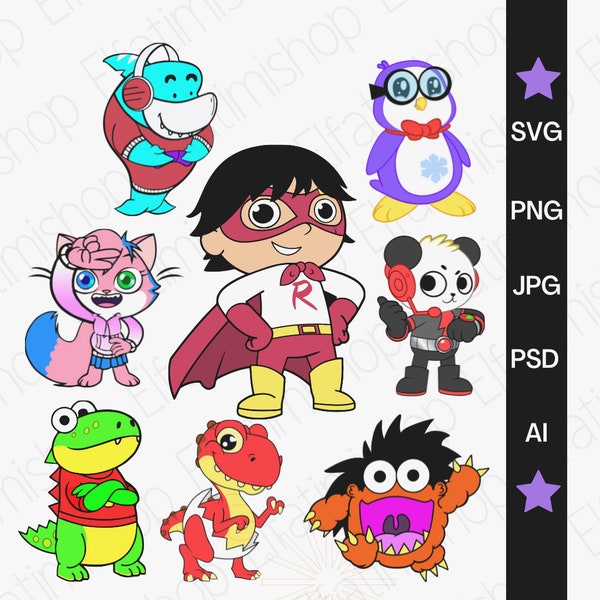 Ryans World Characters PNG SVG JPG digital downloads, no background png, cake toppers, birthday characters, digital files, kids character