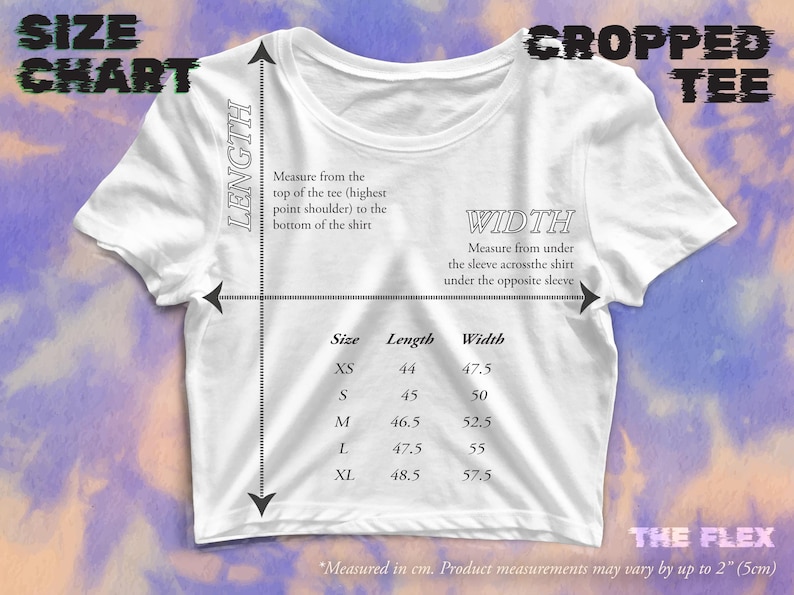 May include: Size chart for a cropped tee shirt. The chart shows the measurements in inches for the length and width of the shirt in sizes XS, S, M, L, and XL.
