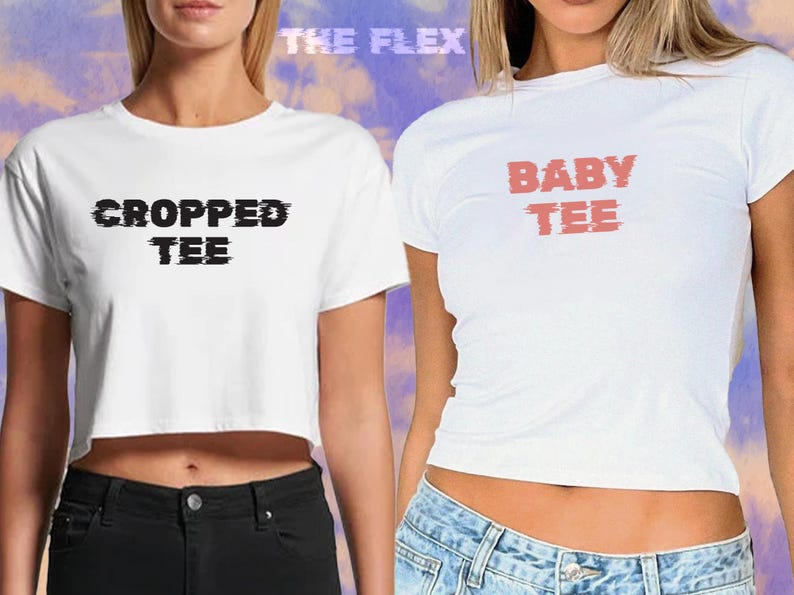 May include: Two white cropped t-shirts with different text. The first shirt says "CROPPED TEE" in black text. The second shirt says "BABY TEE" in pink text.