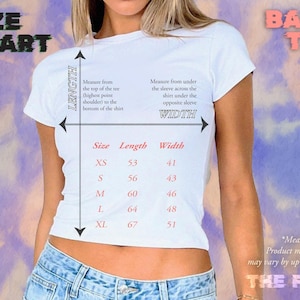 May include: Size chart for a white baby tee with measurements in inches. The chart shows the length and width of the tee in different sizes: XS, S, M, L, and XL. The text "BABY TEE" is printed on the shirt. The text "THE FLEX" is printed at the bottom of the chart.
