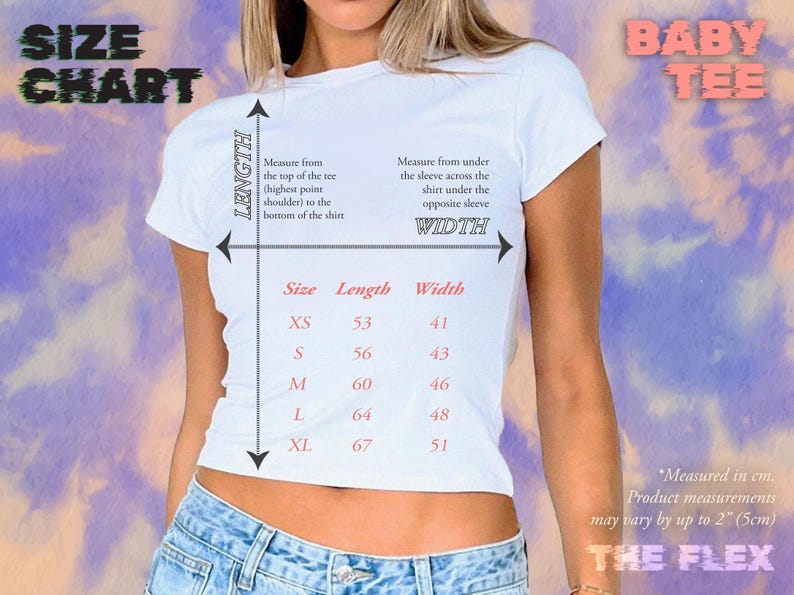 May include: Size chart for a white baby tee with measurements in inches. The chart shows the length and width of the tee in different sizes: XS, S, M, L, and XL. The text "BABY TEE" is printed on the shirt. The text "THE FLEX" is printed at the bottom of the chart.