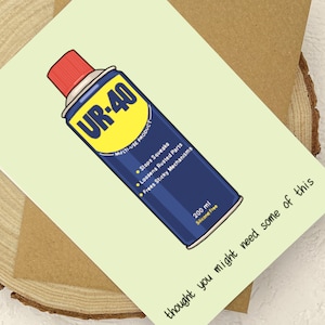 May include: A blue and yellow can of UR-40 multi-use product with the text "Stops Squeaks", "Loosens Rusted Parts", and "Frees Sticky Mechanisms". The can is labeled "200 ml Silicone Free". The text "thought you might need some of this" is written below the can.