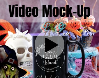 Halloween Mug Mock-Up, Video Mock-Up, 15oz Black Mug Mockup, Animated Coffee Mug Mock-Up, 2700px x 2024px, High Resolution Video Mock-Up