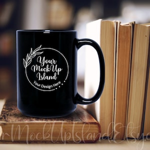 15oz Black Mug Mock Up, 300DPI Mock-Up With Books, Blank Mug, Blank Black Mug, Minimalist Mock Up