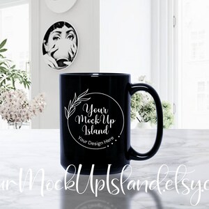 POD Ready Black Mug Mockup 15oz Black Mug Mockup, High-Resolution Mock-Up, Minimalist and Bright