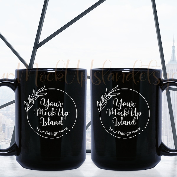 POD Mug Mock-Up, 15oz Front and Back Black Ceramic Coffee Mugs Mock Up, Blank Mug, Mug MockUp, Modern Coffee Mug Mock-Up