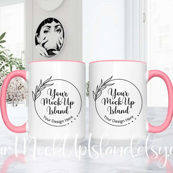 Two 15oz CC Pink Accent Mugs Mockup, CC Pink Handle Mug MockUp, Size Comparison For Mugs, Minimalist Bright Coffee Cup Mock-Up