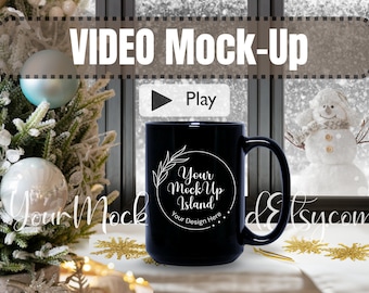 Holiday Mug Video Mock-Up Black Mug, Christmas Mockup, 15oz Black Mug Mockup, Animated Coffee Mug Mock-Up, High-Resolution Mockup Video