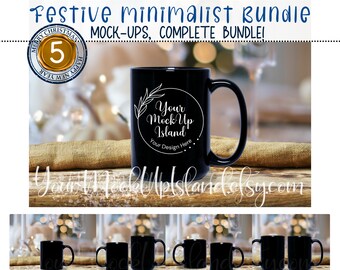 POD Festive Minimalist Mockup Bundle 11oz i 15oz Czarny Kubek Rozmiary Mockup, PIĘĆ Mockupów, Pusty Kubek, Minimalistyczne Mockupy Na Święta