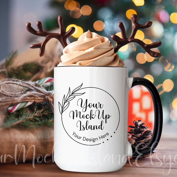 15oz Black Accent Mug Christmas Holiday Mock Up, 15oz Blank Accent Mug, Rustic Christmas, Two Tone Mug Mock Up Black Handle For The Holidays