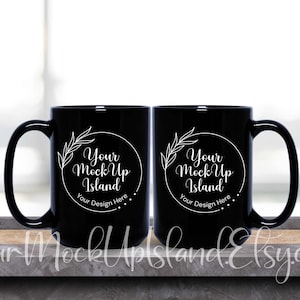 POD Ready Black Mug Mockup Two 15oz Black Mugs Mockup, High-Resolution Mock-Up, Minimalist and Bright, Front and Back Mug Mock-Up